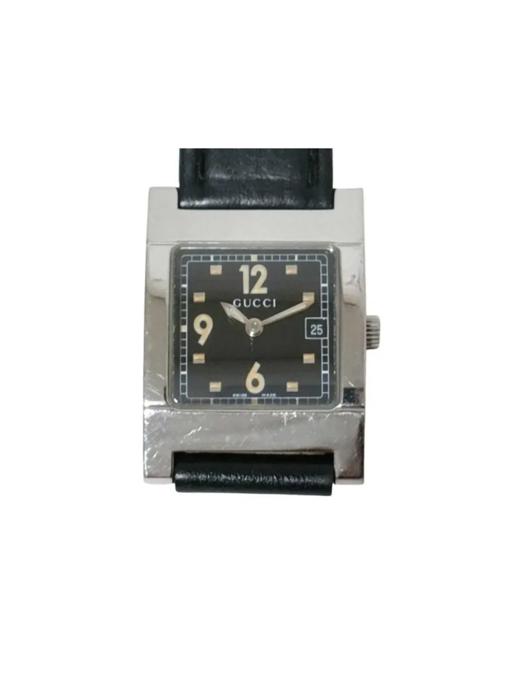 Gucci Watch Black Silver Stainless Steel Leather Analog Square